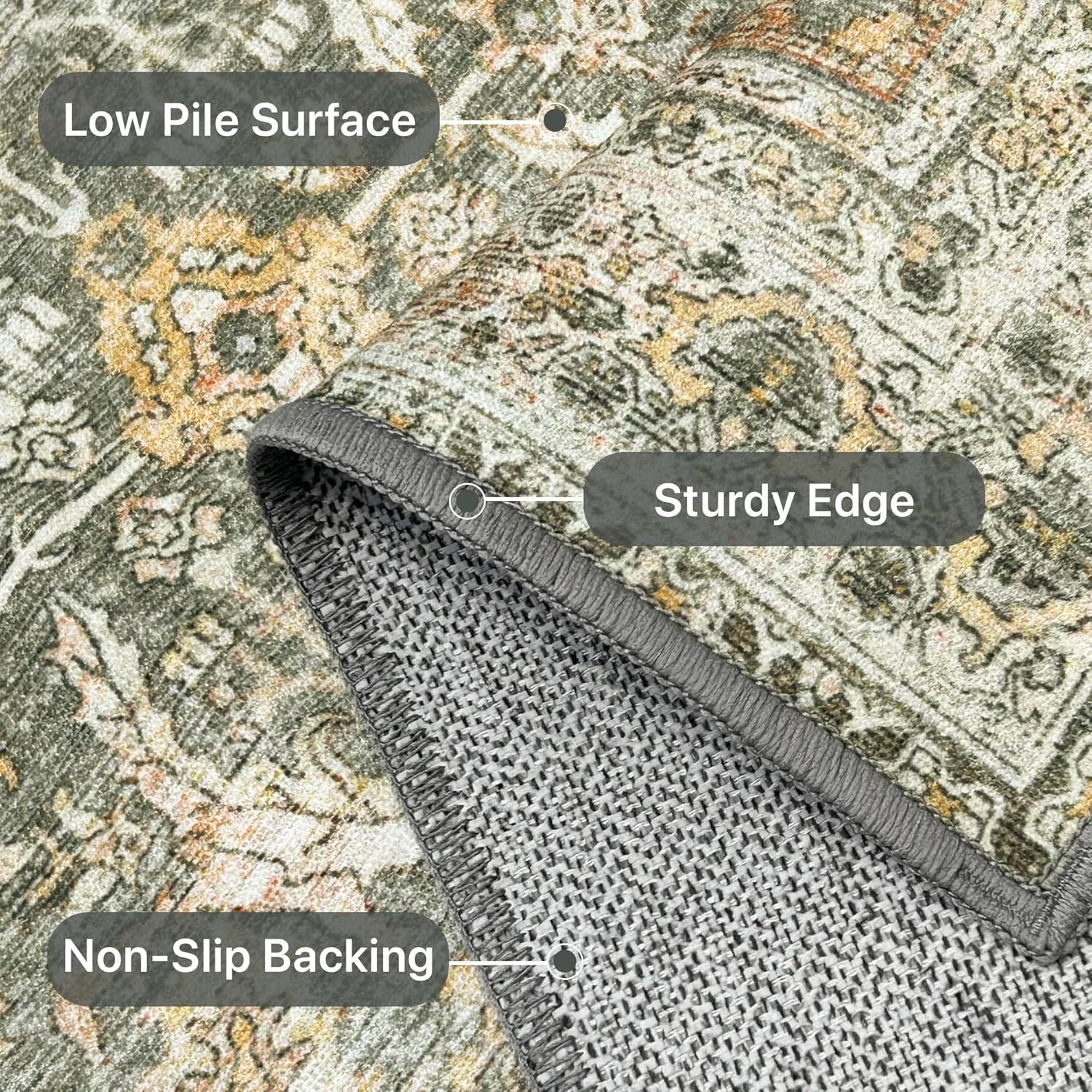 9X12 Amber Gold Area Rug, Vintage Boho Distressed Large Floor Rug, Machine Washable Non Slip Low Pile Lightweight Carpet for Living Room Bedroom Dining Room, Soft Indoor Home Decor