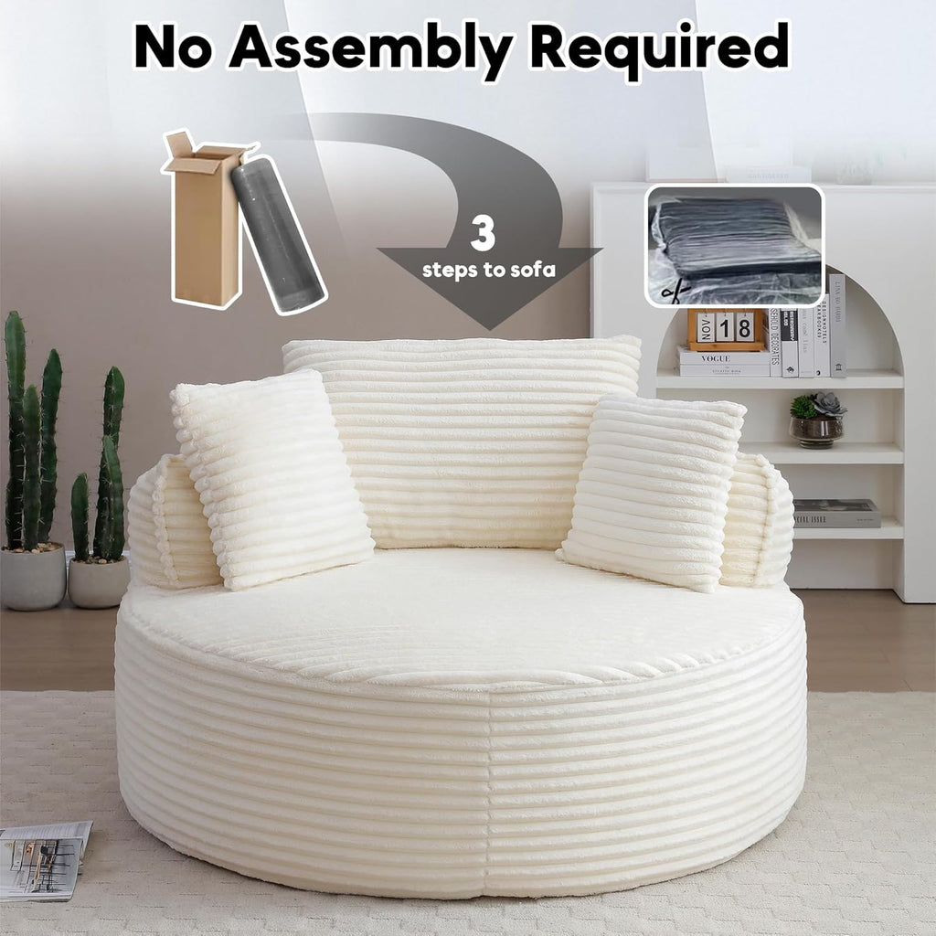 Oversized Round Chair Lounge Chaise Indoor, 53.5" Corduroy Boneless Round Chair, Fluffy Single Deep Seat Cloud Sofa Chairs, Modern Circle Chaise Lounge for Bedroom, Living Room, Beige White