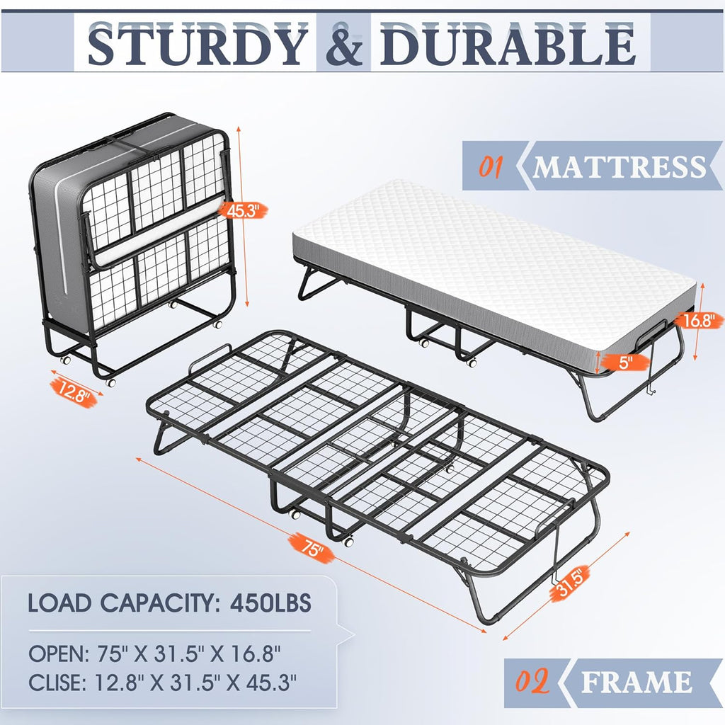 INTERGREAT Folding Bed, 75" x 31"Cot Size Portable Folding Beds for Adults, Metal Foldable Bed on Wheels for Guest, Space Saving Roll Away Beds for Easy Storage