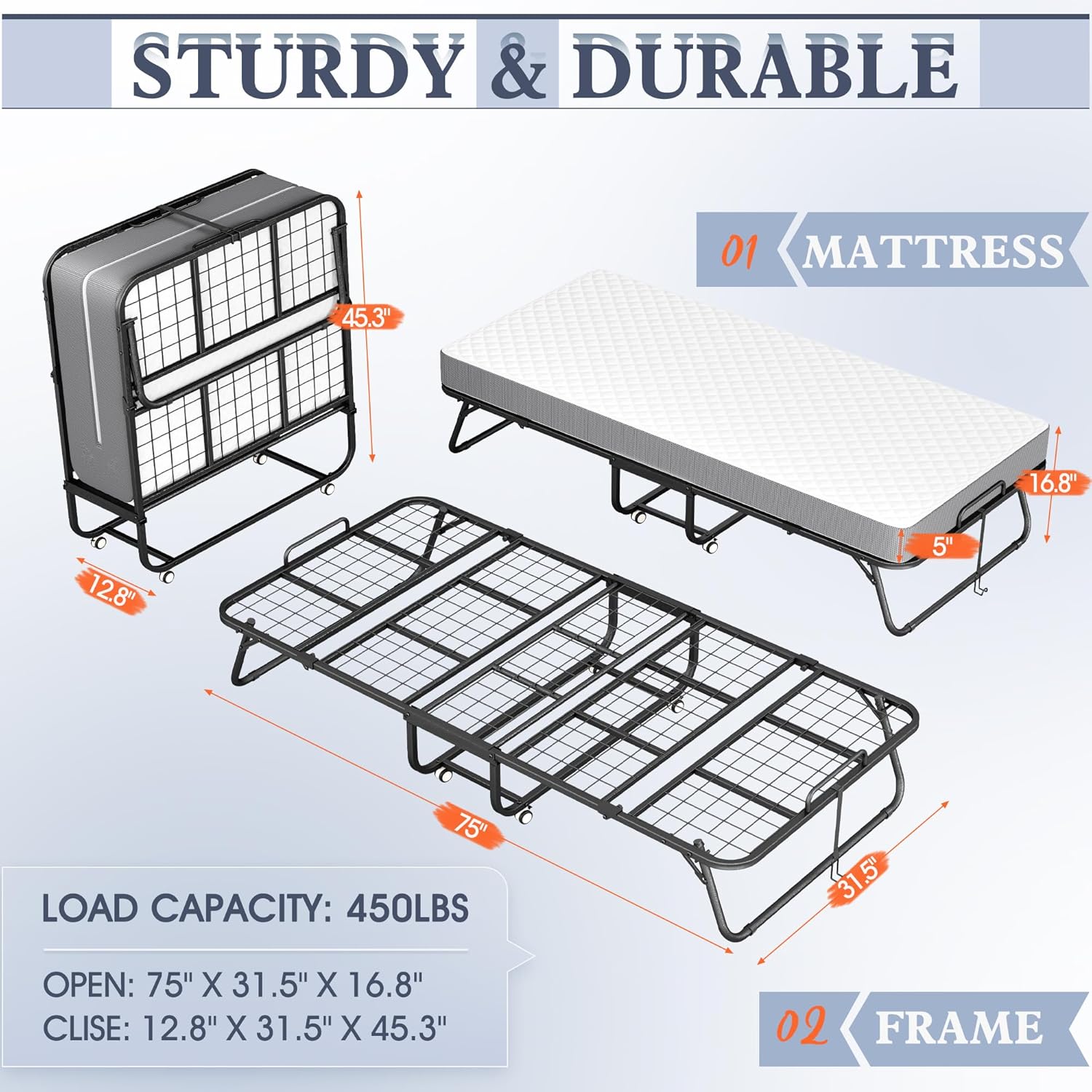 INTERGREAT Folding Bed, 75" x 31"Cot Size Portable Folding Beds for Adults, Metal Foldable Bed on Wheels for Guest, Space Saving Roll Away Beds for Easy Storage