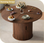 Dining Table for 4-6,59“Extendable Round Dining Room Kitchen Table with Storage,Round Table for Living Room,Fluted Wood Table with Slide Door,Expandable Oval Dinner Furniture with Pedestal Base,Walnut
