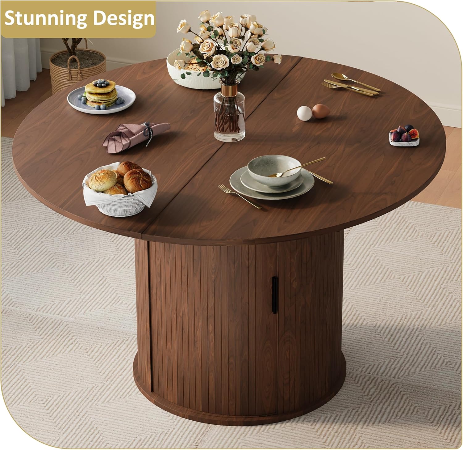 Dining Table for 4-6,59“Extendable Round Dining Room Kitchen Table with Storage,Round Table for Living Room,Fluted Wood Table with Slide Door,Expandable Oval Dinner Furniture with Pedestal Base,Walnut