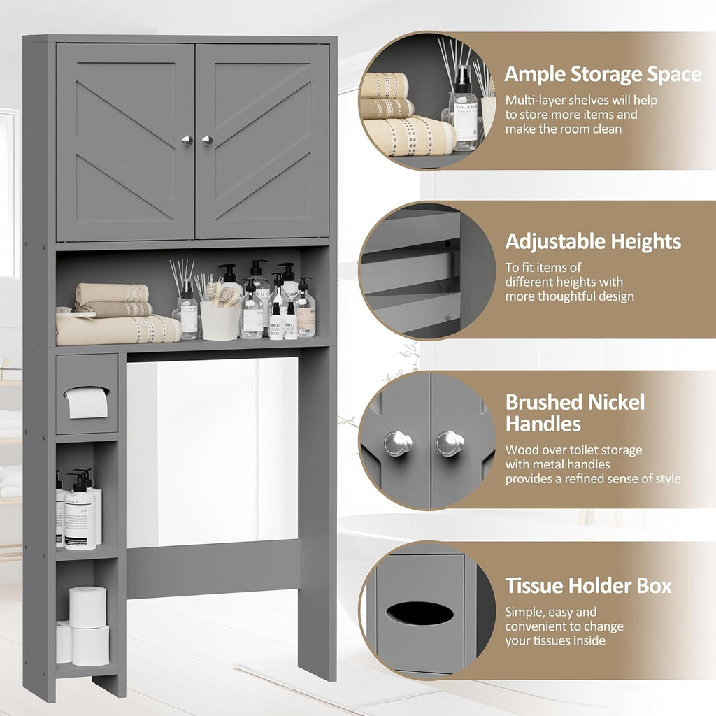 Meilocar Farmhouse Storage Cabinet Over Toilet with Toilet Paper Holder Stand, Freestanding Bathroom Storage Organizer Cabinet, Grey