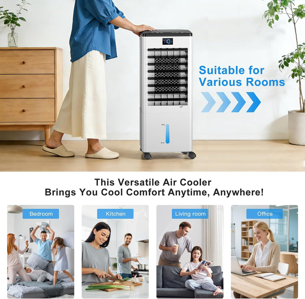 Portable Air Conditioners, 4-IN-1 Evaporative Air Cooler, Portable AC Unit w/ 4 Modes & 3 Speeds, Swamp Cooler w/ 12H Timer & Remote, Fast Cooling Room Air Conditioner for Bedroom Home Office Garage