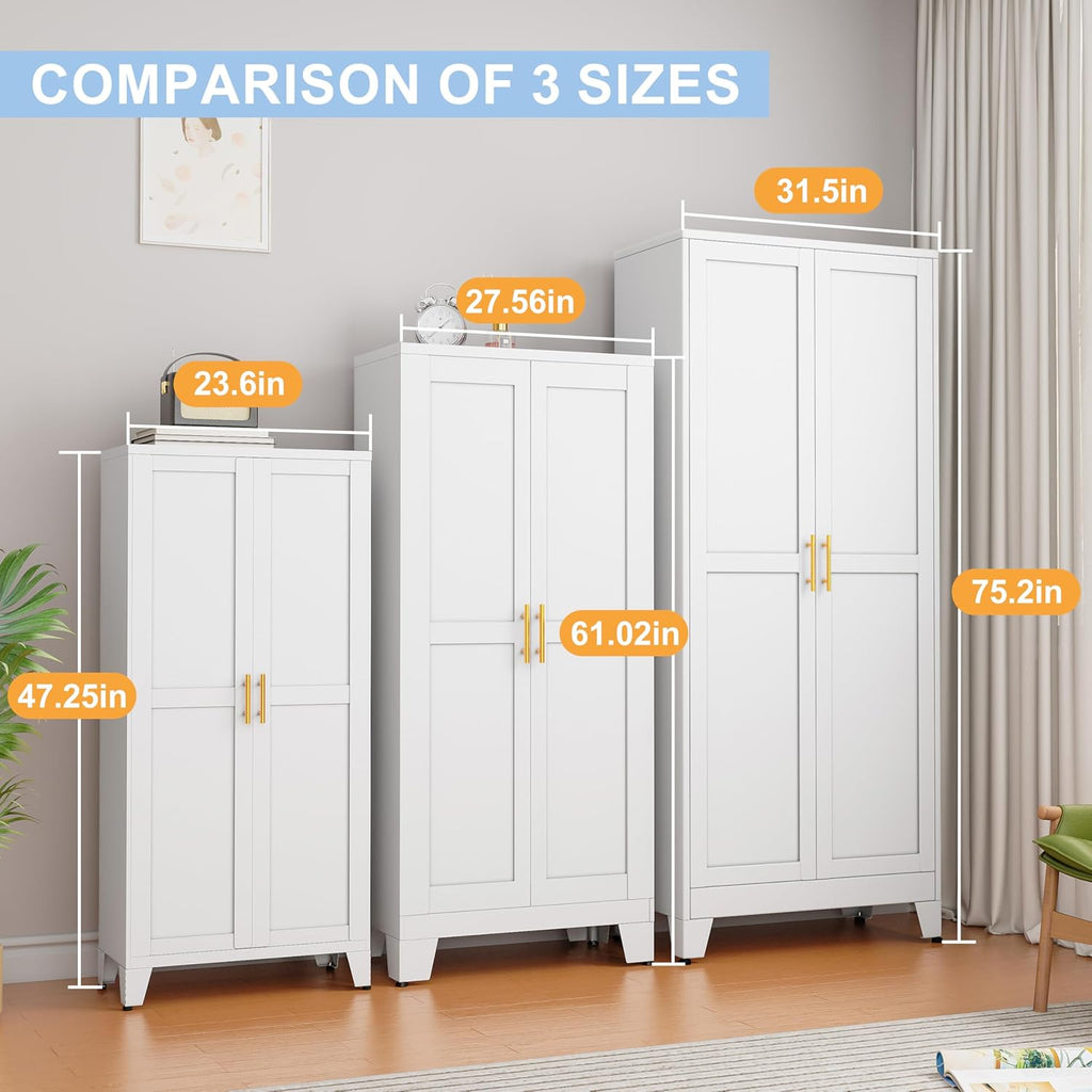 White Metal Storage Cabinet, 48" Steel Cabinets for Home Office, Kitchen Pantry Storage Cabinet with Doors and 3 Adjustable Shelves, for Office, Home, Garage, School