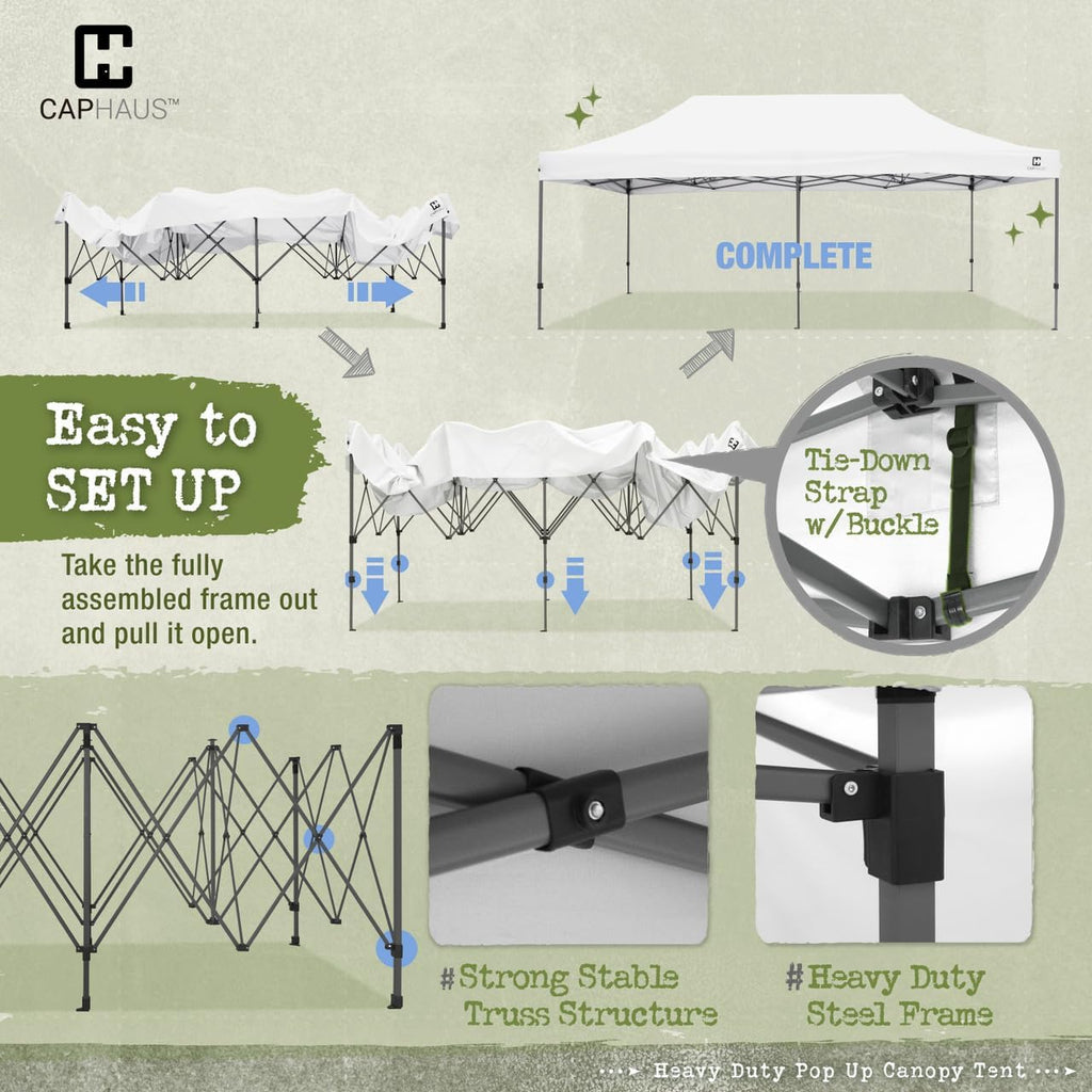 CAPHAUS 10ft x 20ft Commercial Grad Pop Up Outdoor Canopy Easy Up Tent, Heavy-Duty, Instant Folding Shelter with Wheeled Carry Bag and Weight Bags, Portable for Camping, Patio, Parties, White