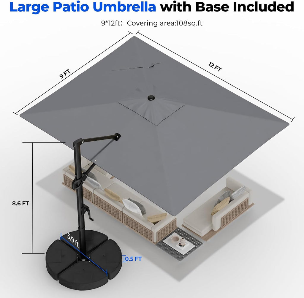 HOMSHADE 9x12FT Cantilever Patio Umbrella Outdoor with Base- Large Offset Heavy-Duty Aluminum Umbrella with 360° Rotation  6 Tilts  Windproof  3-Year Fade Resistance for Pool Deck  Rectangular  Grey