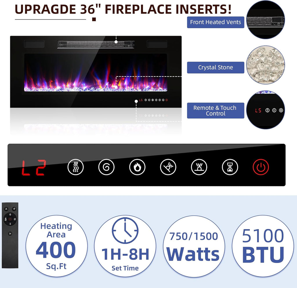BREEZEHEAT 70 Inch Fireplace TV Stand for Up to 80" TV Console with 36'' Electric Fireplace & Outlet, Dual Led Lights Entertainment Center with Fireplace, Living Room, Black