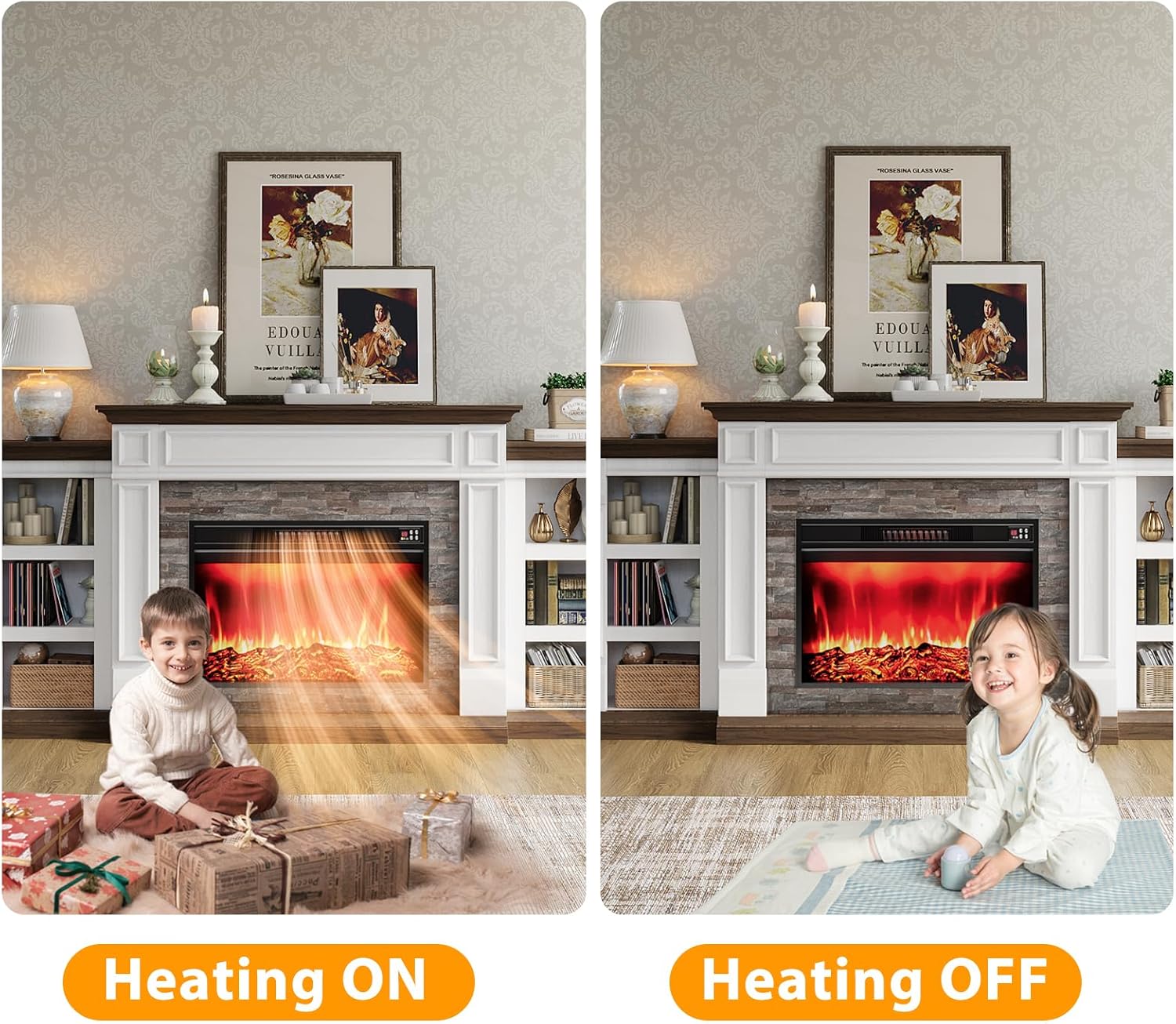 Naice 80" Electric Fireplace with Mantel and Cabinets, Fireplace TV Stand for Living Room Bedroom, Stacked Stone Surround and Remote Control 3D Realistic Flame, White&Brown