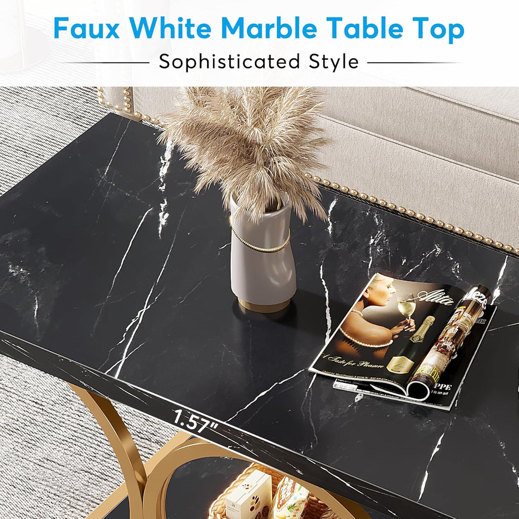 Tribesigns Rectangle Coffee Table, 47.24-inch Modern Coffee Tables for Living Room, 2-Tier Faux Marble Wood Coffee Table with Geometric Metal Legs, Furniture with Storage Shelf (Black & Gold)