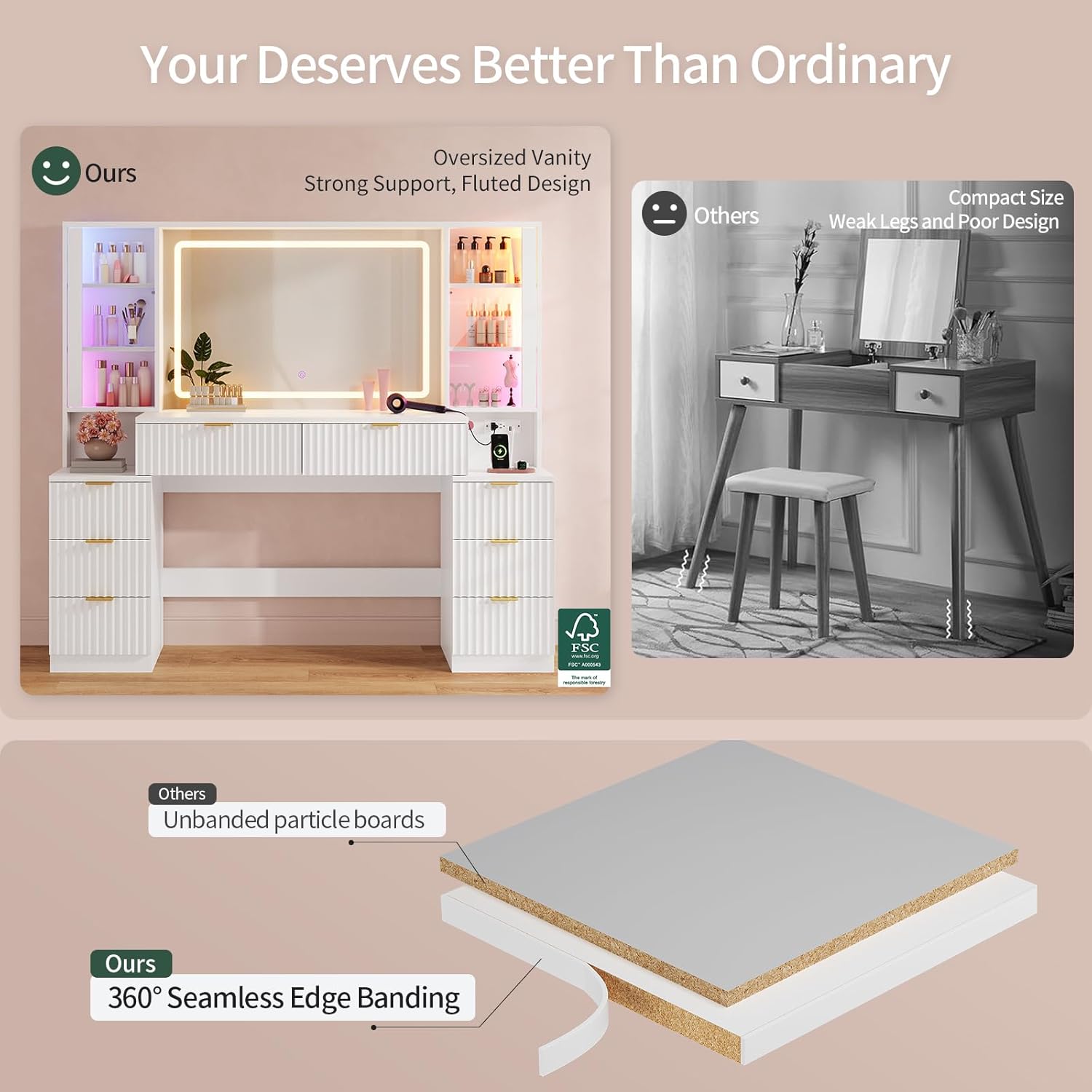Big Vanity, Fluted Wood Makeup Vanity Desk with Mirror and Sound Sync LED Lights, Large Vanity Dressing Table, 8 Drawers, Charging Station for Girls, Women (White, 59.1" Width)