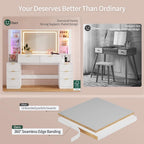 Big Vanity, Fluted Wood Makeup Vanity Desk with Mirror and Sound Sync LED Lights, Large Vanity Dressing Table, 8 Drawers, Charging Station for Girls, Women (White, 59.1" Width)