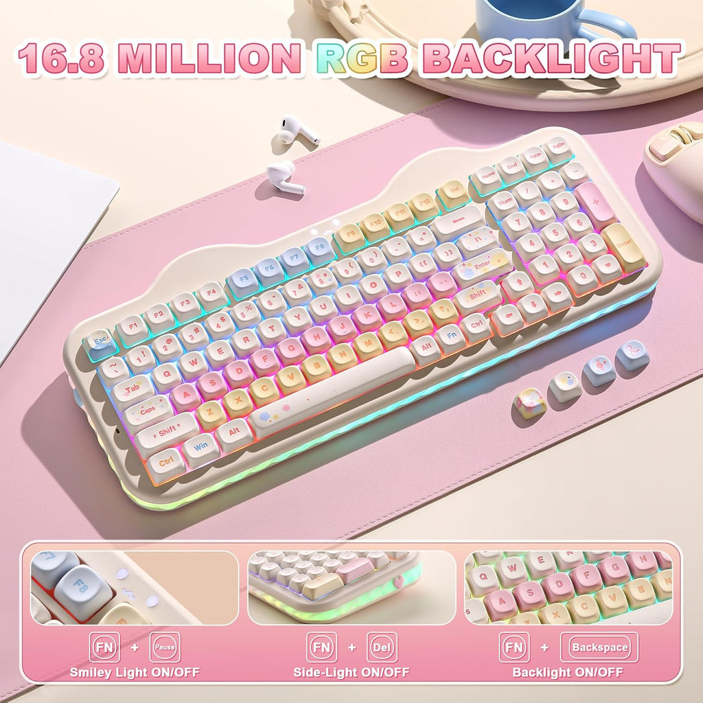 YUNZII C98 Wireless Mechanical Keyboard with Number Pad,99 Key BT5.0/2.4G/USB-C Hot Swap Gasket Mount with PBT MOA Keycaps,Custom RGB,Cute Cake Keyboard for Win/Mac (Beige, Milk V2 Linear Switch)