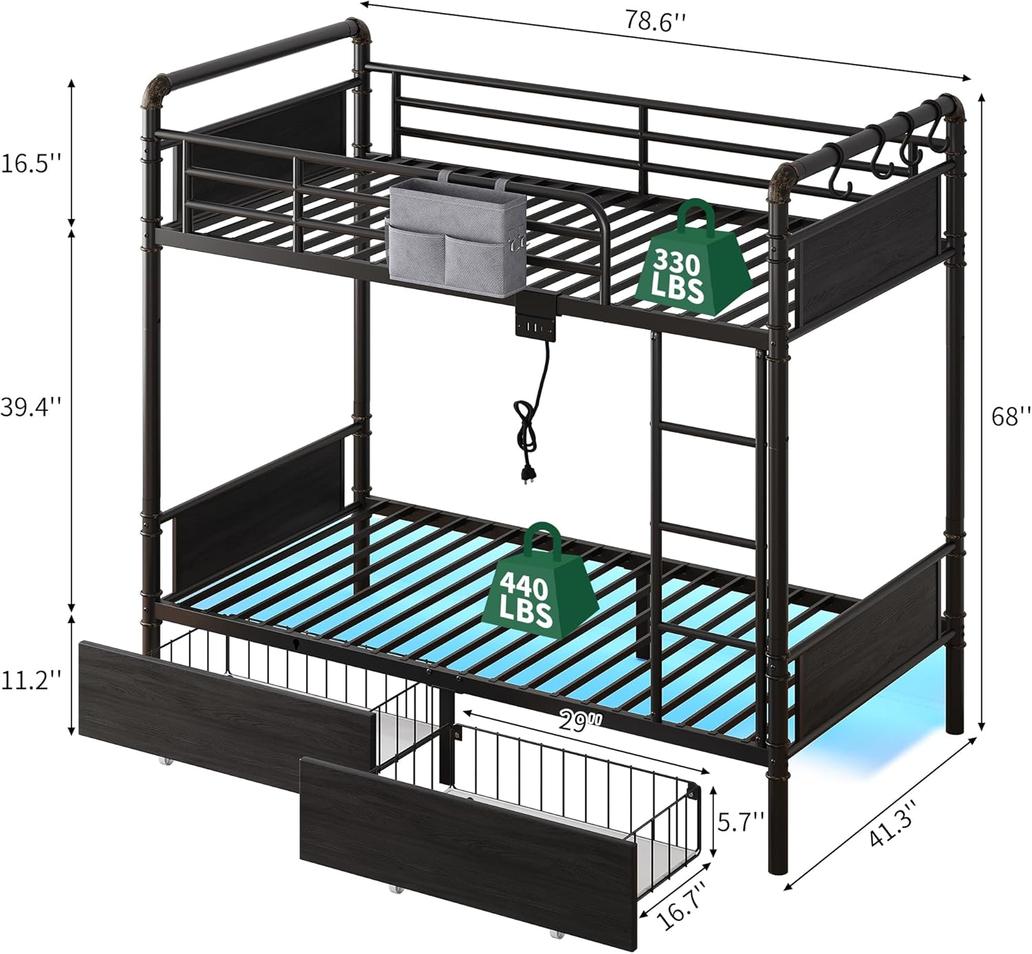 Metal LED Bunk Bed Twin Over Twin with 2 Storage Drawers, USB Charging Station, Industrial Bunkbeds Heavy Duty Bed with Safety Guardrail and Ladder, No Box Spring Needed, Black