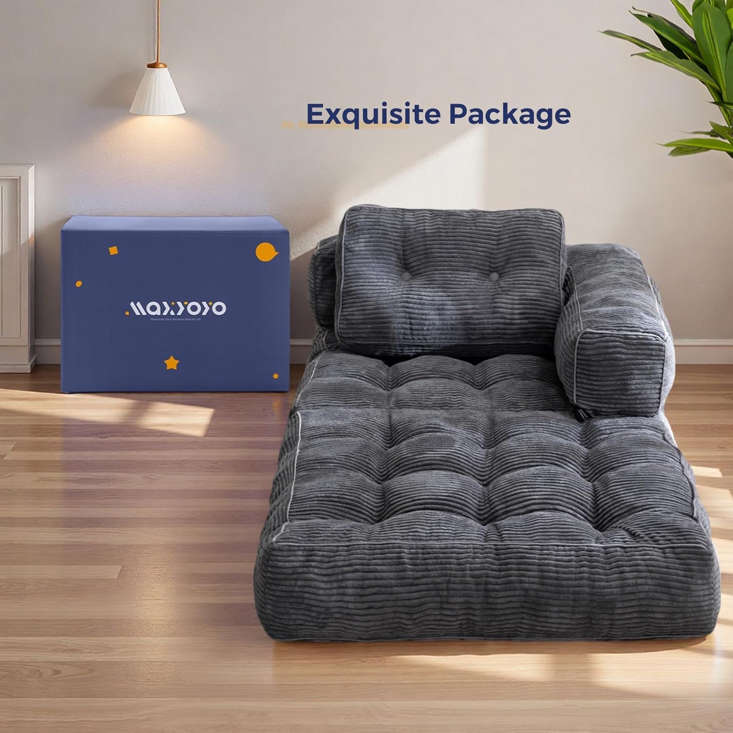 MAXYOYO Folding Sofa Bed, L-Shaped Convertible Sofa Bed with Armrest Foldable Sleeper Sofa with Pillow, Portable Fold Out Chair Bed Comfy Floor Lounge for Living Room Bedroom, Dark Grey