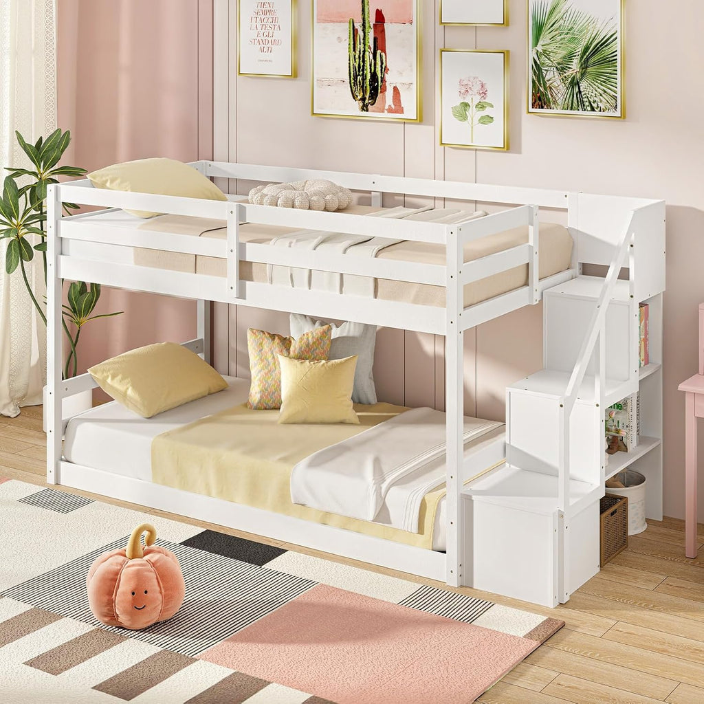 Giantex Twin Over Twin Bunk Bed with Stairs, Solid Wood Floor Bunk Bed with Storage Staircase & Full-Length Guardrails, Low Bunk Bed with for Kids, Teens, Adults, Dorm, Small Space, White