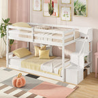 Giantex Twin Over Twin Bunk Bed with Stairs, Solid Wood Floor Bunk Bed with Storage Staircase & Full-Length Guardrails, Low Bunk Bed with for Kids, Teens, Adults, Dorm, Small Space, White