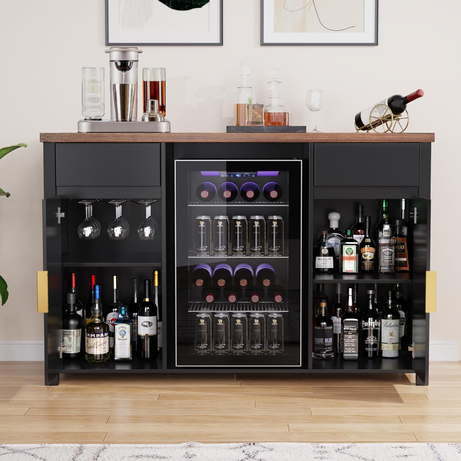 GDLF Large Coffee Bar Cabinet with Fridge Space, Mini Fridge Cabinet with Wine Storage, Buffet Sideboard Table for Home, Fluted Modern Design,53.2" L