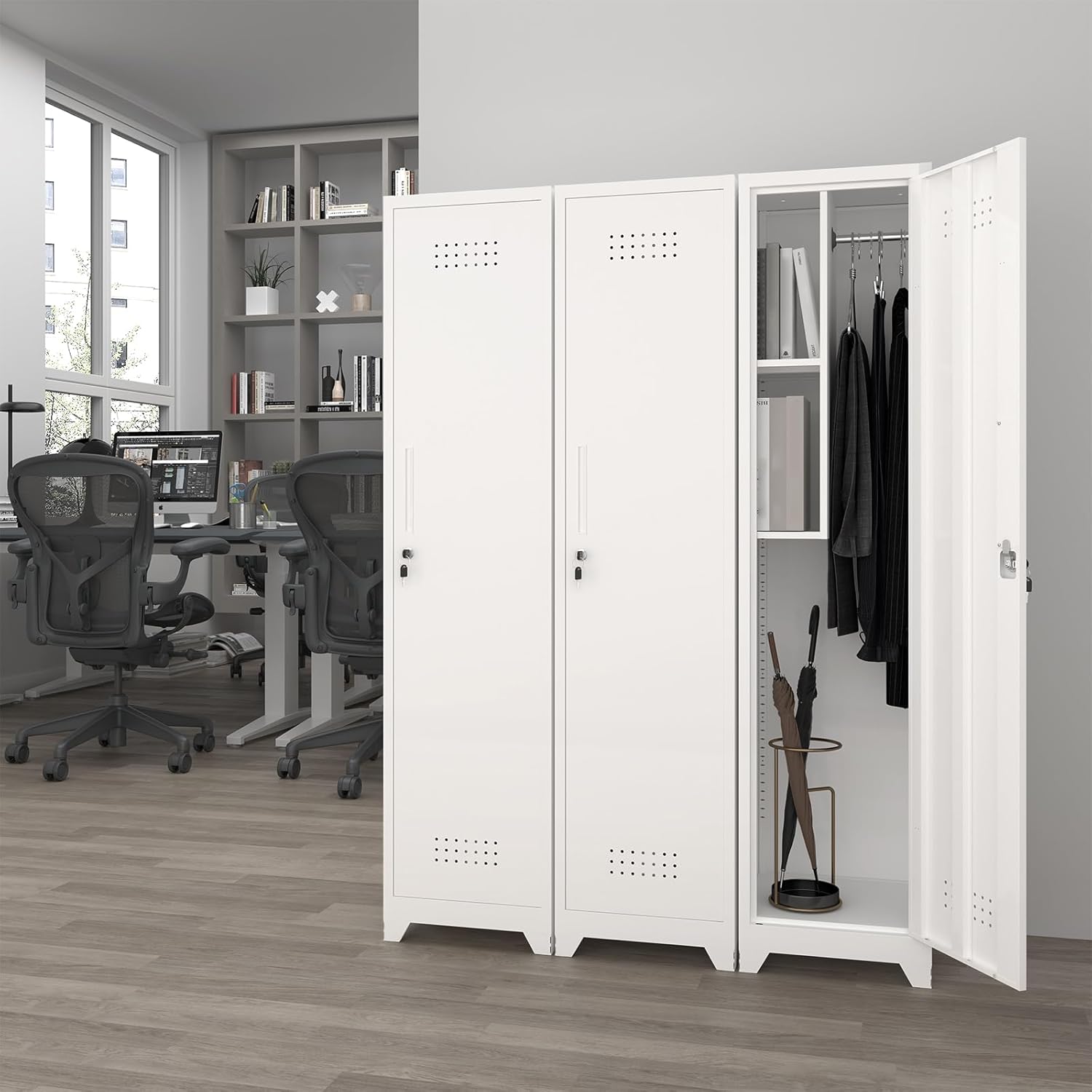 Metal Garage Storage Cabinet,Broom Closet Storage Cabinet,Utility Closet Cabinet for Broom,Garage,Kichen,White