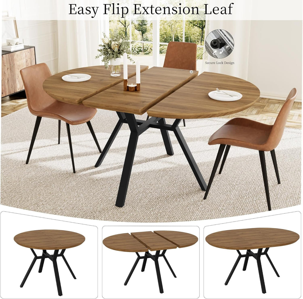 Extendable Round Dining Table Set for 4-6 People, 43.3"-59.1" Extendable Kitchen Table with 4 Upholstered Chairs, Space Saving for Kitchen Dining Room (Walnut Table+4 Brown Chairs)