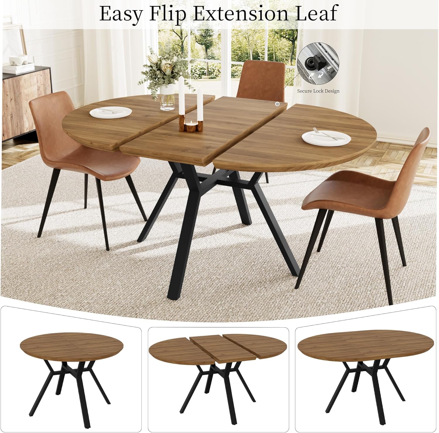 Extendable Round Dining Table Set for 4-6 People, 43.3"-59.1" Extendable Kitchen Table with 4 Upholstered Chairs, Space Saving for Kitchen Dining Room (Walnut Table+4 Brown Chairs)