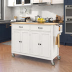 Merax Rolling Mobile Kitchen Island Cart with Wood Top and Locking Wheels, 4 Door Cabinets and 2 Drawers, Spice & Towel Rack, 54.3 Inch Width, White