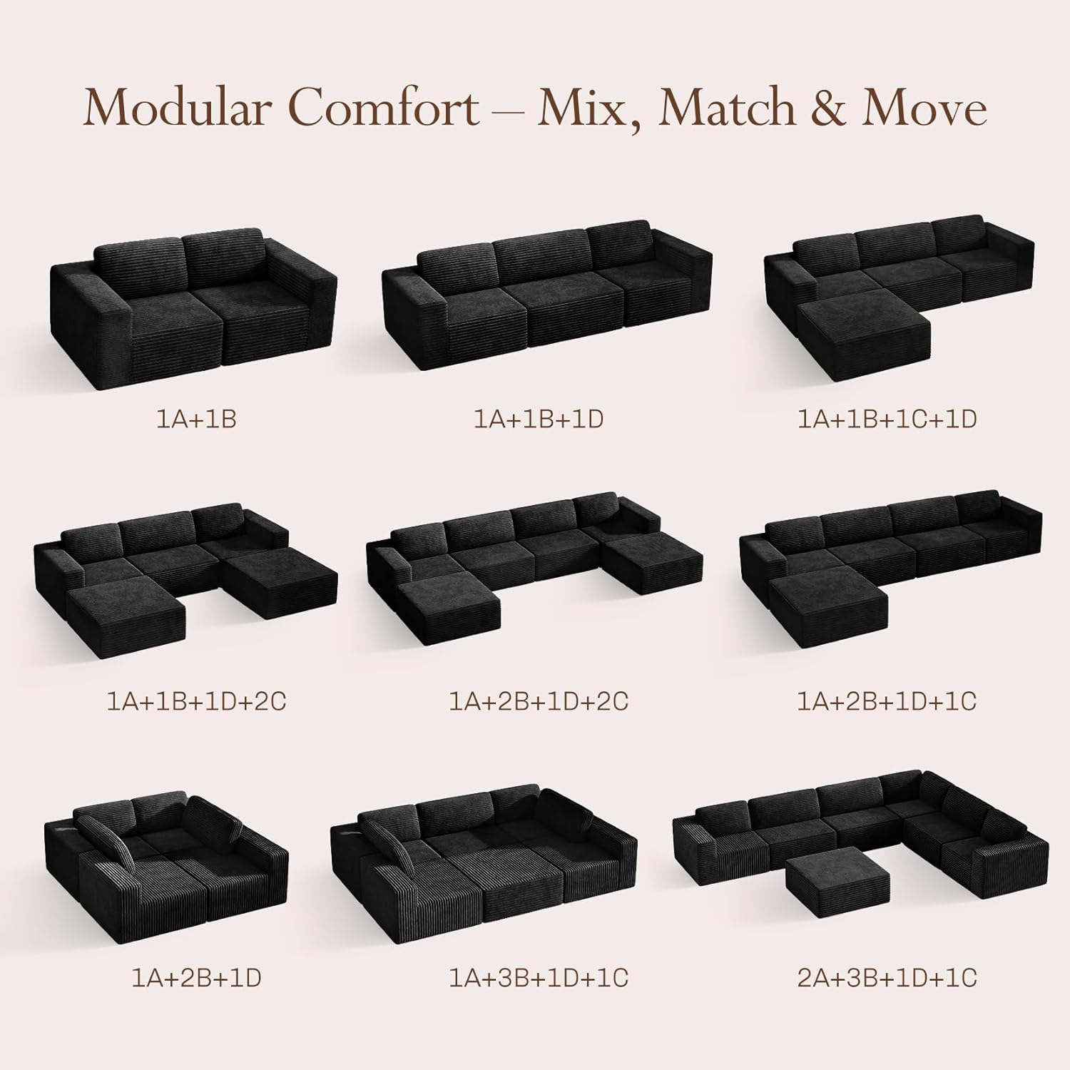 Vesgantti 119" Oversized U-Shaped Modular Sectional Sofa with 2 Movable Ottomans, Modern Cloud Couch with Deep Seat & Spring Support, Boneless Couches for Living Room, No Assembly Required, Black