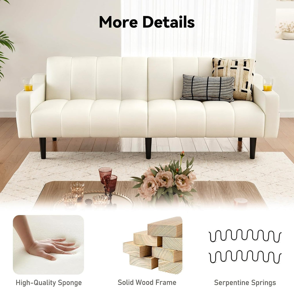 Brelice 80'' Leather Couch, Futon Sofa Bed, Faux Leather Couch with Adjustable Backrest, 2 Cup Holders & Side Pockets, Mid Century Modern Sofa for Living Room, Bedroom, Cream White