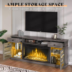 AMERLIFE 70" Farmhouse Fireplace TV Stand with 36'' Curved Electric Fireplace, LED Media Console with 2 Drawers & Adjustable Shelves, Fits 80'' TVs, Wash Gray