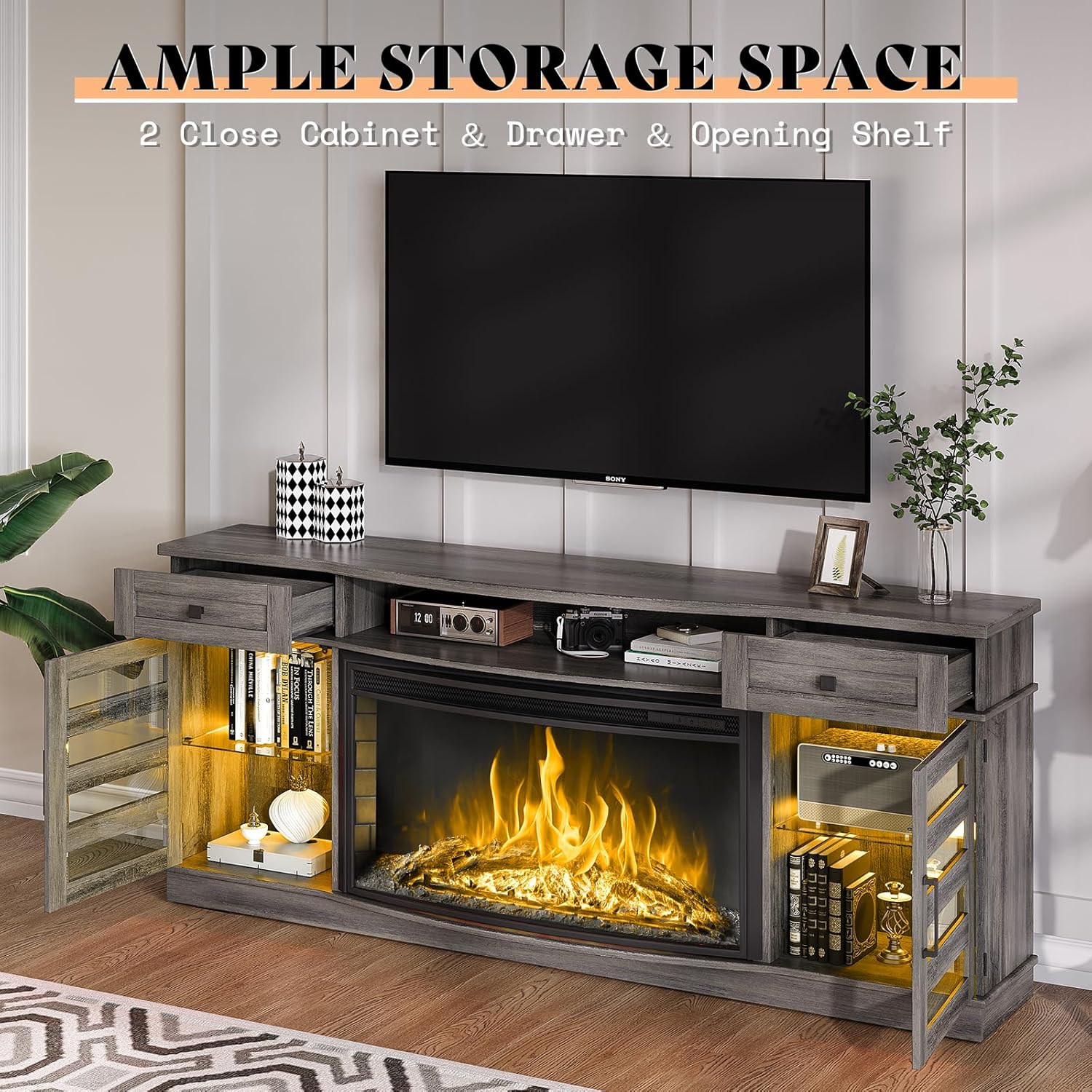 AMERLIFE 70" Farmhouse Fireplace TV Stand with 36'' Curved Electric Fireplace, LED Media Console with 2 Drawers & Adjustable Shelves, Fits 80'' TVs, Wash Gray