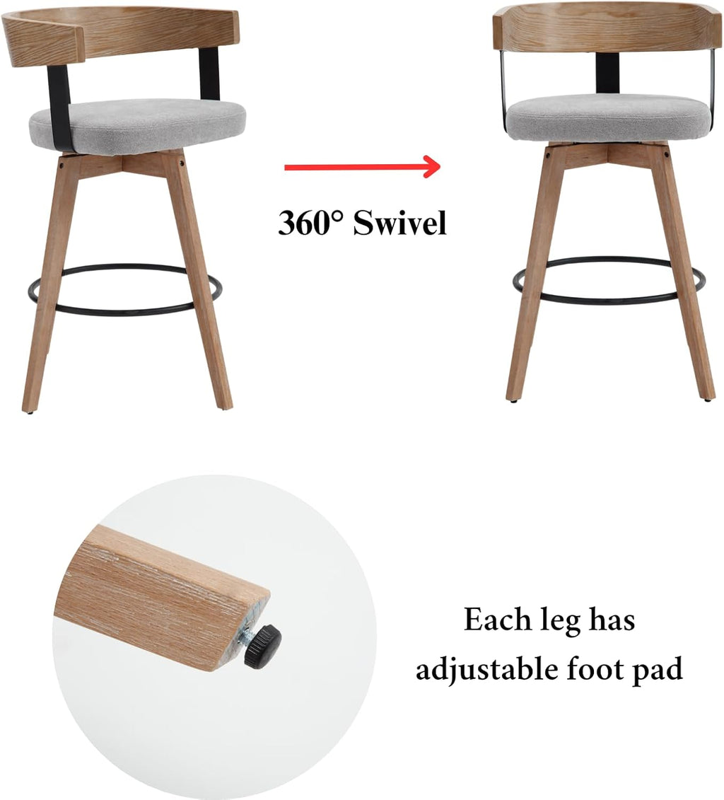 LukeAlon Linen Upholstered Counter Stools Set of 2, 360° Swivel Wooden Kitchen Stools with Wood Full Back Mid Century 26.25" Seat Height Low Barstools for Dining Room Kitchen Island, Grey