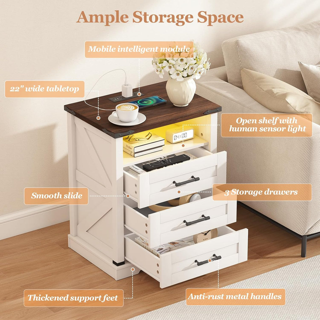 Turosur Night Stand with Charging Station 22" Large Farmhouse Nightstands with 3 Drawers and Open Storage Smart Bedside Table with Human Sensor LED Light End Tables for Bedroom White