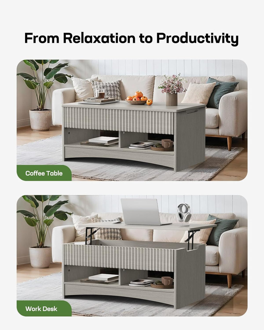 Marsail Lift Top Coffee Table with Open & Hidden Storage, Modern Fluted Coffee Table with Smooth Lift Mechanism, Sturdy Space-Saving Center Table for Home Living Room, Office, Light Grey