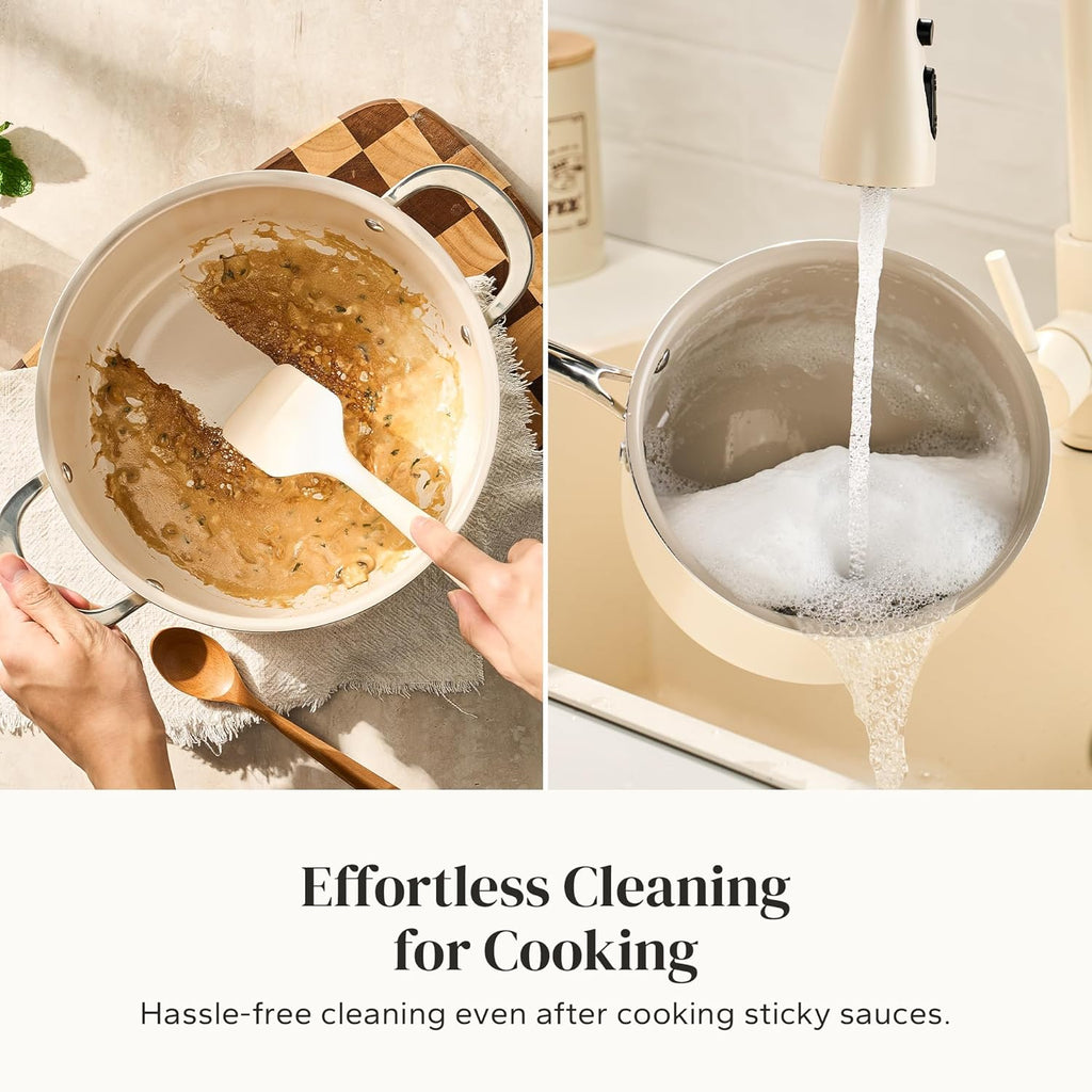 Redchef Cooking Pot Set Induction 5Qt, Saucepan Set 2.5/3.5Qt, 5QT Ceramic Saute Pan with Lid, Compatible All Cooktops, PTFE PFAS Free (Beige)