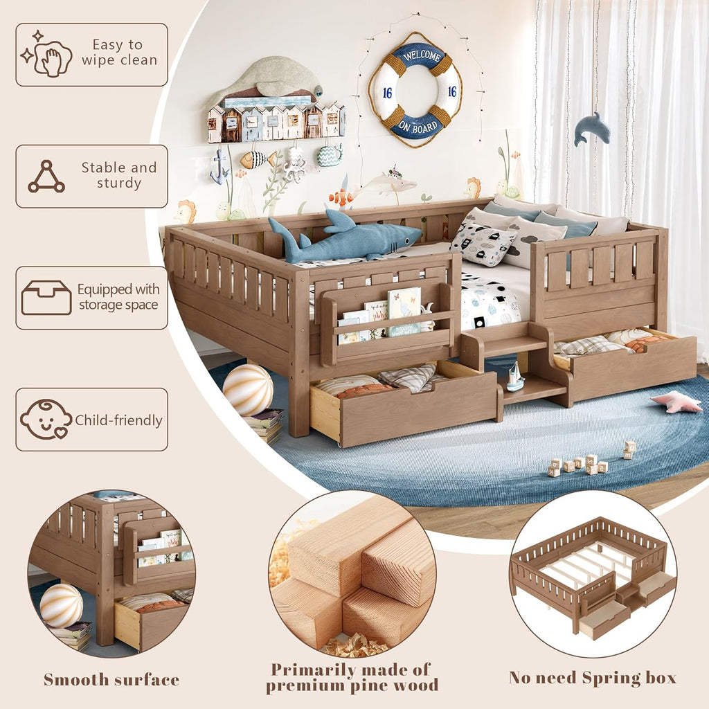 Bellemave Full Size Kids Montessori Bed with Stairs and Bookshelf,Solid Wood Full Size Kids Bed Frame with 2 Storage Drawers for Kids Girls Boys,Low-Profile,Natural