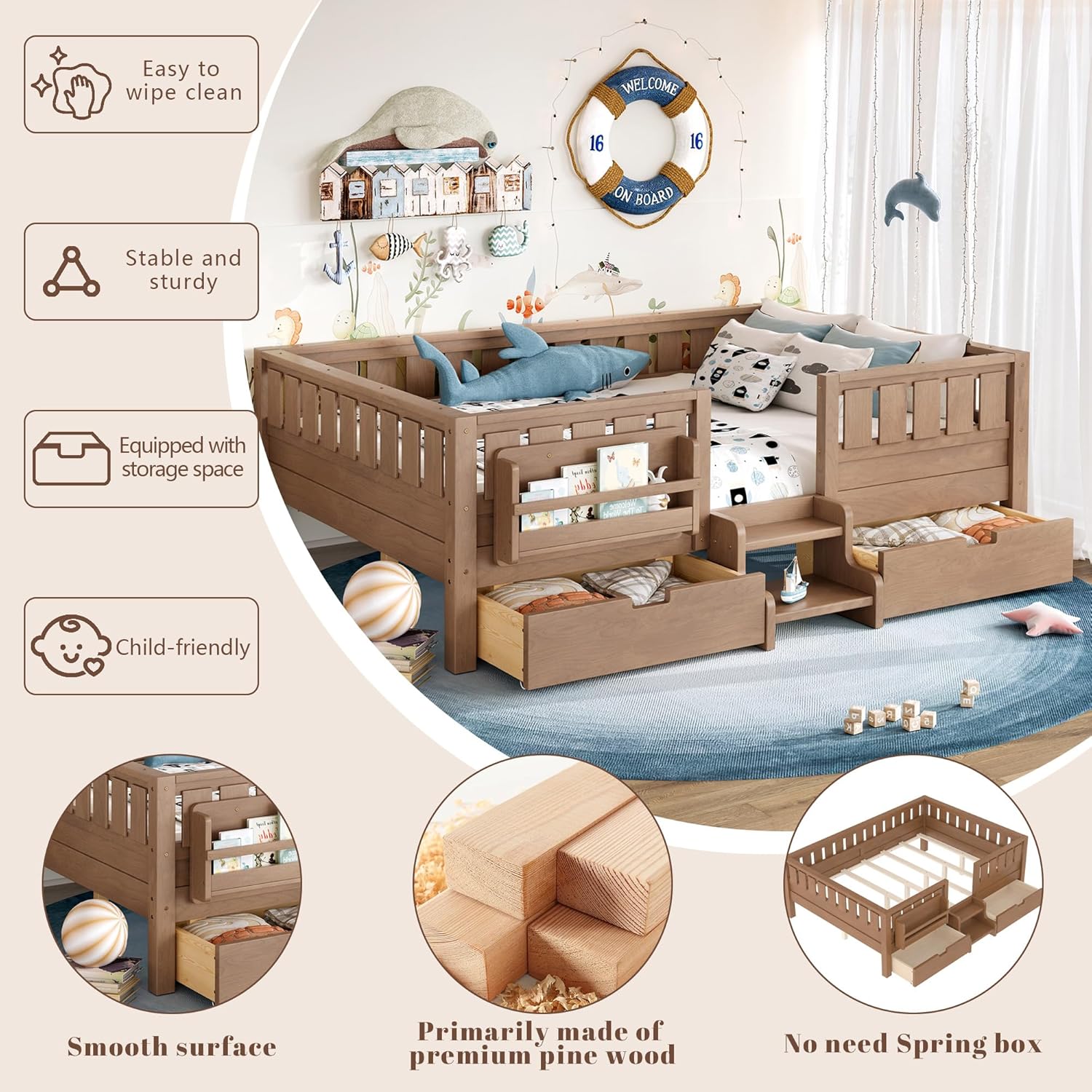 Bellemave Full Size Kids Montessori Bed with Stairs and Bookshelf,Solid Wood Full Size Kids Bed Frame with 2 Storage Drawers for Kids Girls Boys,Low-Profile,Natural