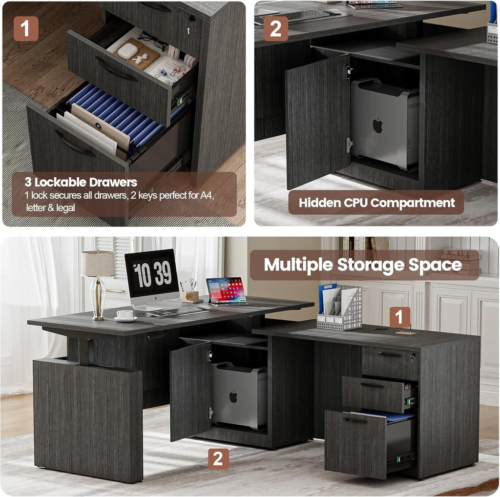 66.93" L Shaped Executive Standing Desk with Pre-Assembled Frame & Lockable Cabinets, Fixed Right-Facing Design, Dual-Motor Height Adjustable Sit-to-Stand Desk for Corporate & Home Office