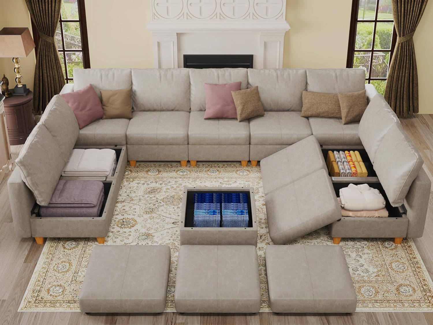 EASE MOOSE Modular Couch U Shaped Oversized Sofa, Faux Leather Sectional Sofa with Storage Seat,White