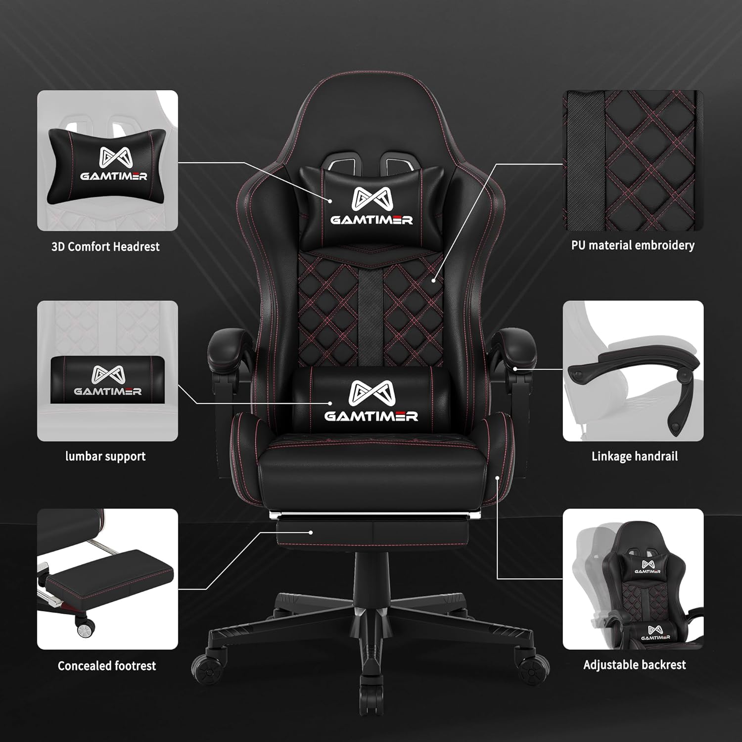 Gamtimer Gaming Chair, 400 lbs Adult Chair, High Back Computer Chair with Footrest and Linked Armrests, Office Video Game Chair with Lumbar Support (Black)
