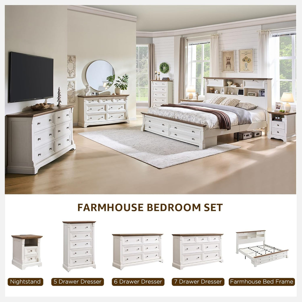 T4TREAM Farmhouse Nightstand Set of 2, 23.6" End Table with 3 Drawers Storage, Wood Side Table w/Roman Column, End Tables Living Room Set of 2, Bedside Cabinet for Bedroom, Living Room, Antique White