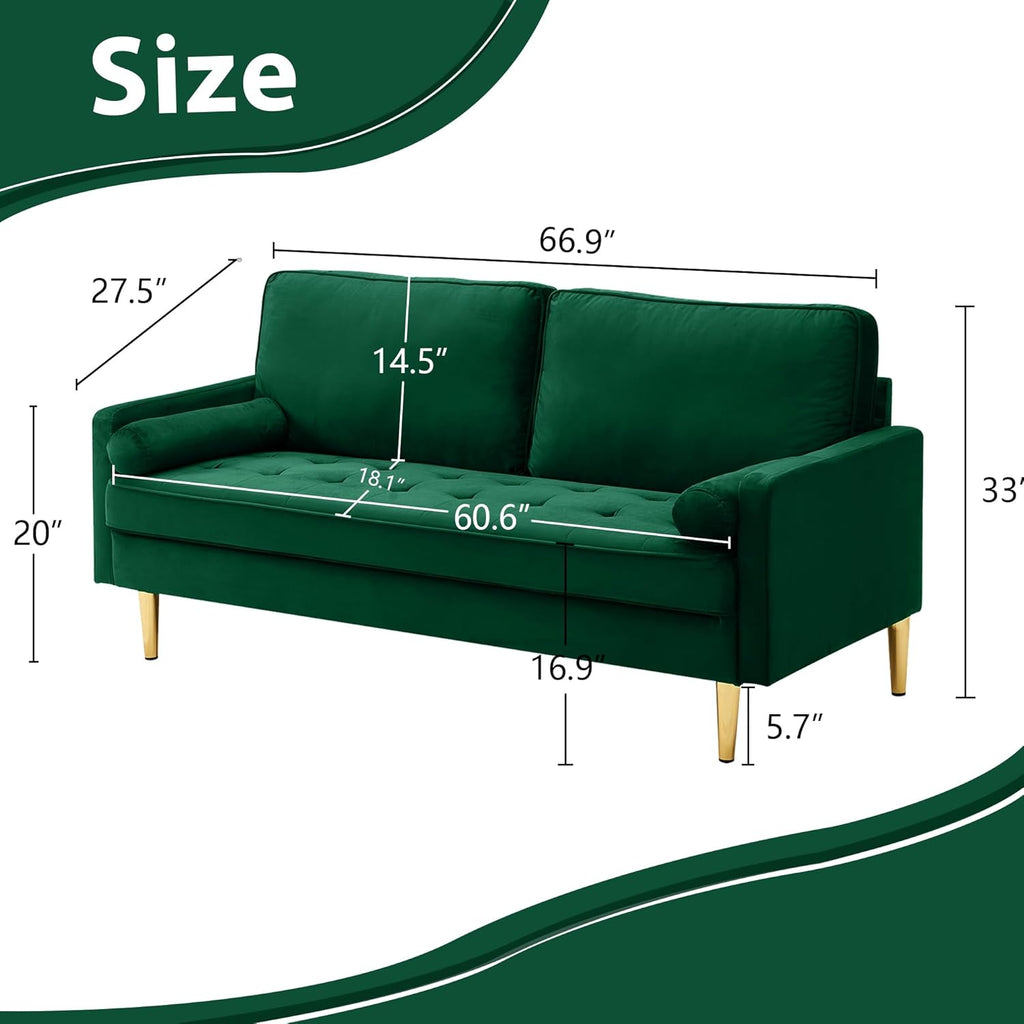 67" Modern Velvet Loveseat Sofa Couch, Mid-Century Tufted Upholstered Small Love Seat Couch with 2 Pillows & 4 Golden Legs, 2-Seats Couches for Compact Space, Living Room, Apartment (Emerald)