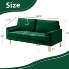 67" Modern Velvet Loveseat Sofa Couch, Mid-Century Tufted Upholstered Small Love Seat Couch with 2 Pillows & 4 Golden Legs, 2-Seats Couches for Compact Space, Living Room, Apartment (Emerald)