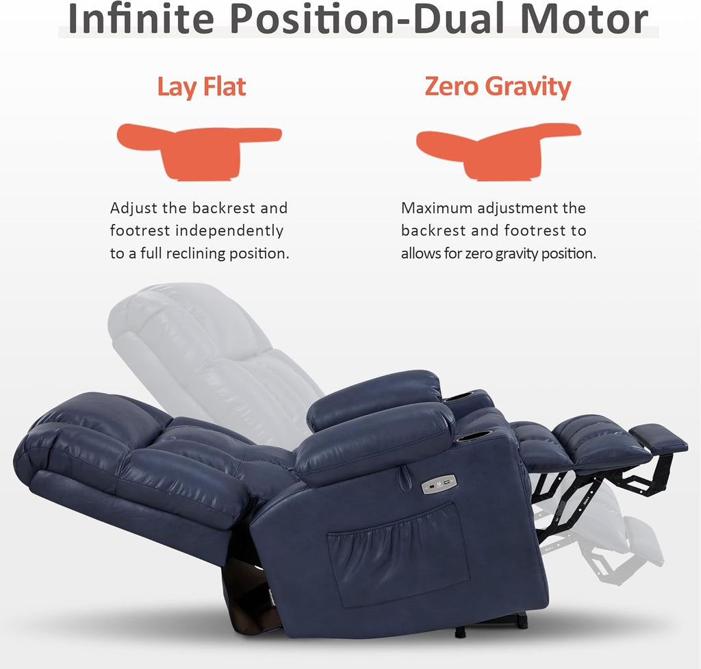 MCombo Dual Motor Large Power Lift Recliner Chair for Elderly, Lay Flat Lift Chair with Heat and Massage, Big Lift Recliner for Tall People, Faux Leather 7896 (Blue, Large)