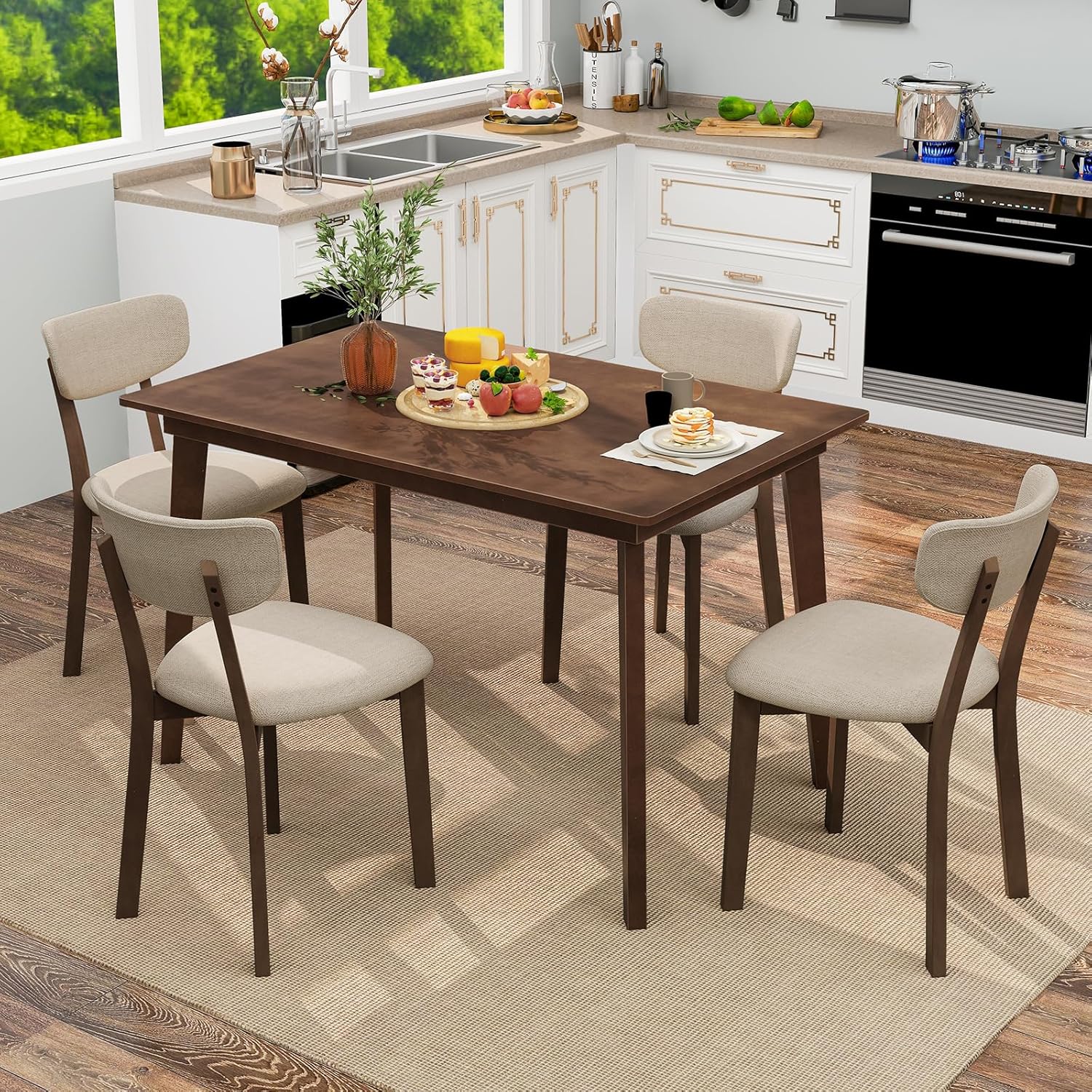 Giantex Dining Table for 4, 48" Rectangular Wooden Kitchen Table with Solid Rubber Wood Legs, Mid Century Modern Dinner Table for Dinette, Living Room, Home Office (Walnut)