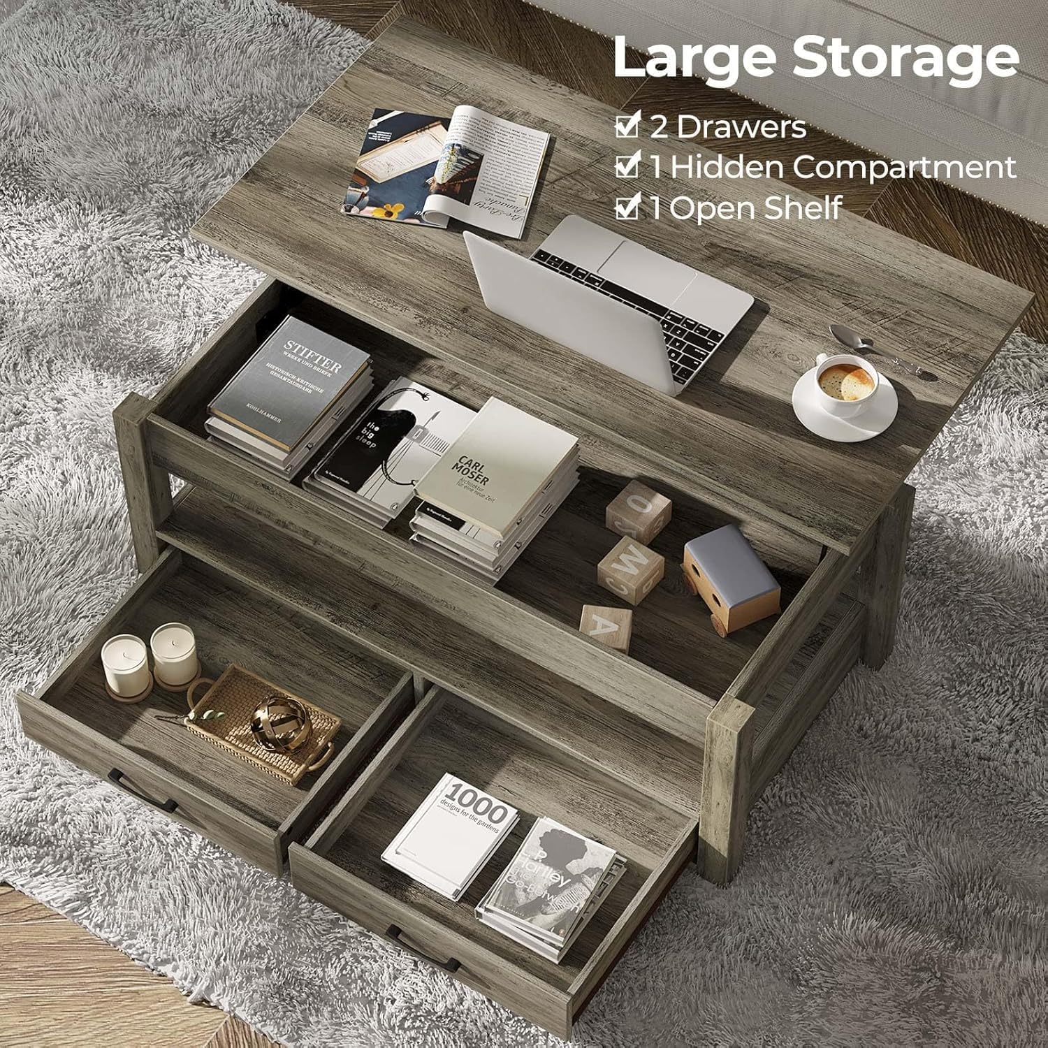 Rolanstar Coffee Table, 47.2" Lift Top Coffee Table with Drawers and Hidden Compartment, Retro Central Table with Wooden Lift Tabletop, for Living Room, Washed Oak