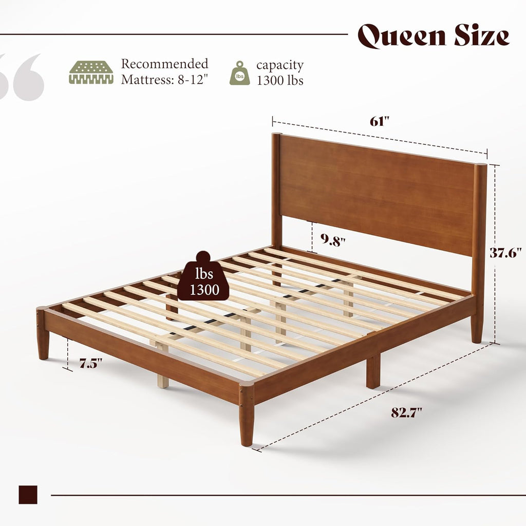 AMERLIFE Solid Wood Queen Bed Frame, Mid Century Modern Platform Bed with Full Panel Headboard, Wooden Bed with Cylindrical Legs, No Box Spring Needed & Noise-Free, Brown Walnut