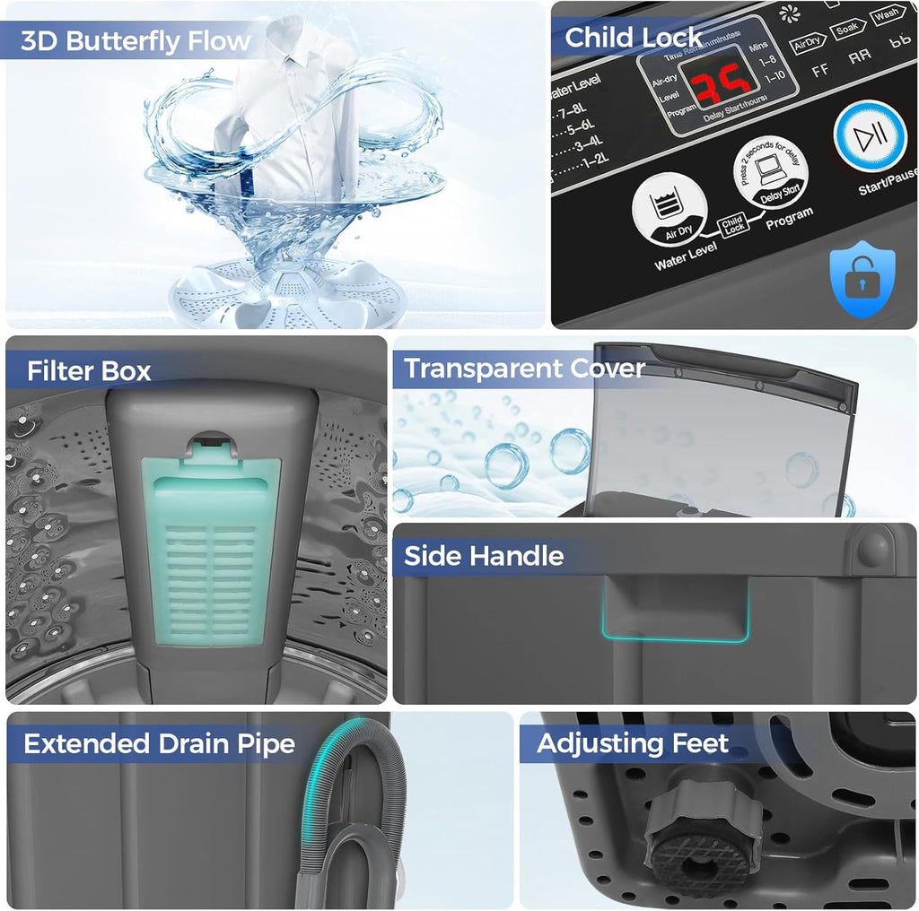 Nictemaw Portable Washing Machine, 20Lbs Capacity Full-Automatic Portable Washer, 2.8Cu.ft Washer and Dryer Combo with Drain Pump, LED Display, 10 Programs & 8 Water Levels