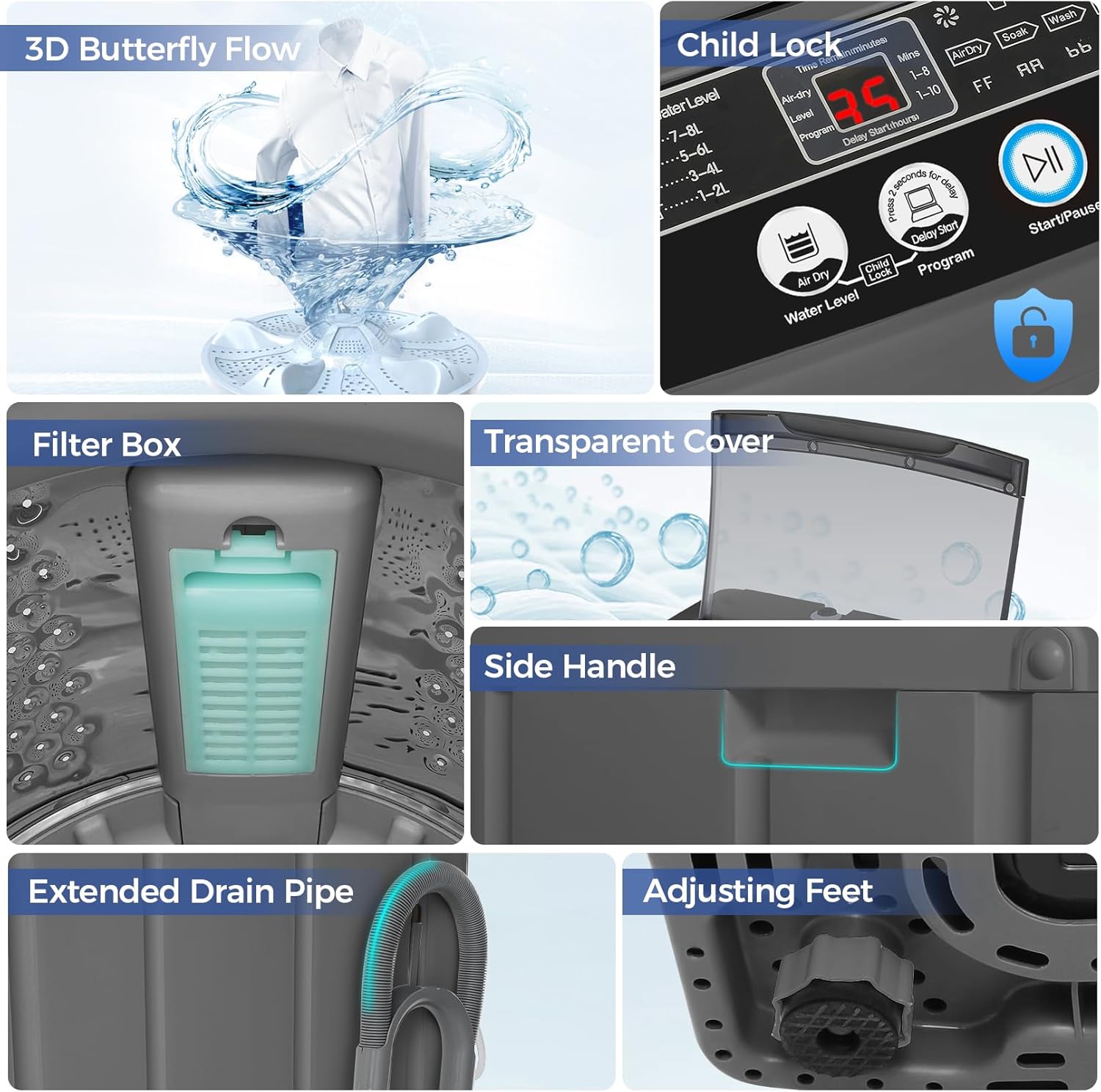 Nictemaw Portable Washing Machine, 20Lbs Capacity Full-Automatic Portable Washer, 2.8Cu.ft Washer and Dryer Combo with Drain Pump, LED Display, 10 Programs & 8 Water Levels