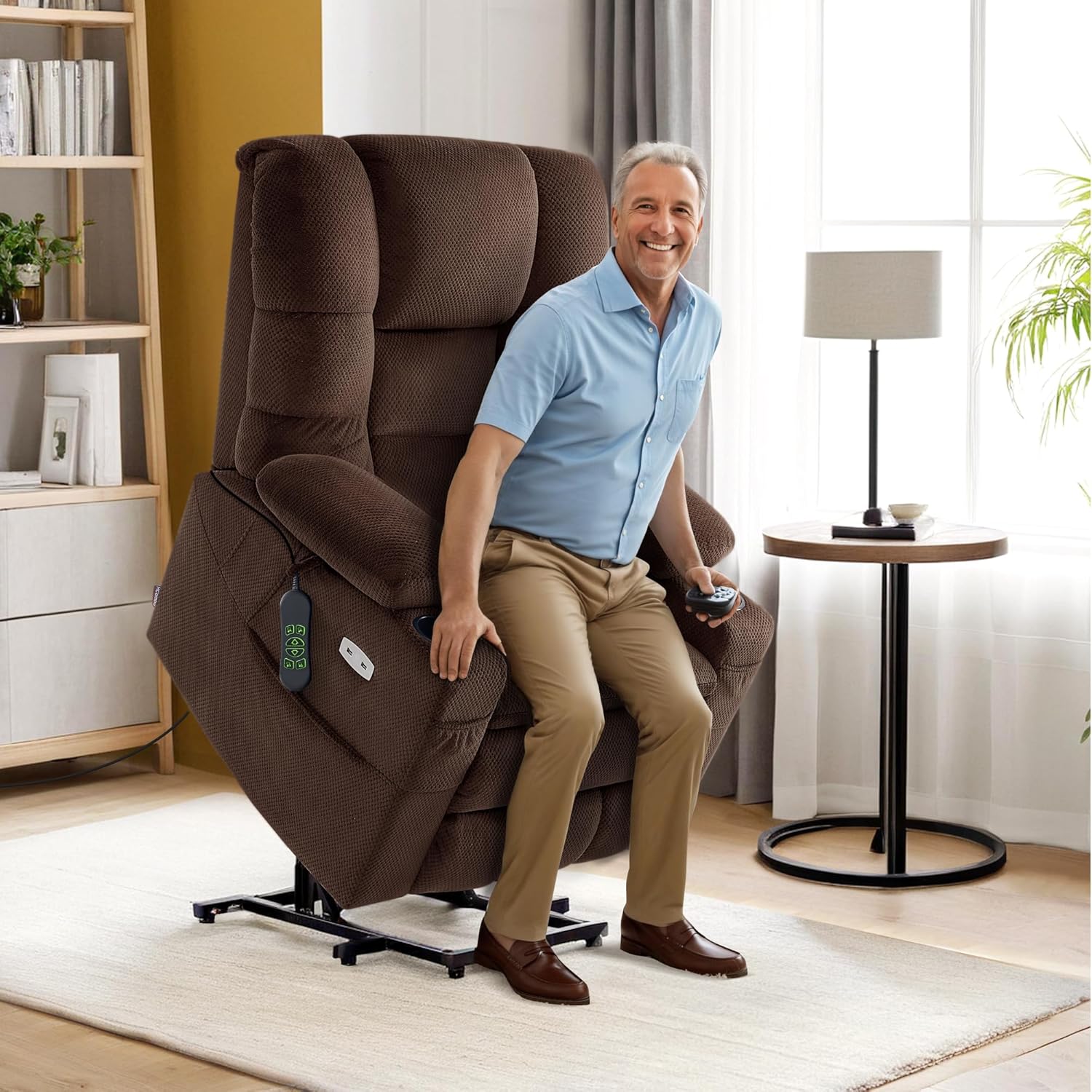 MCombo Large Triple Motor Power Lift Recliner Chair with Massage and Dual Heating, Adjustable Headrest for Tall Elderly People, Fabric 7634 (Coffee, Large)