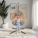 Hanging Egg Chair with Stand & Cushions - All-Weather Rattan Swing Chair for Patio, Balcony, Garden (Modern Boho Design, Ready-to-Use Indoor Outdoor)-Grey